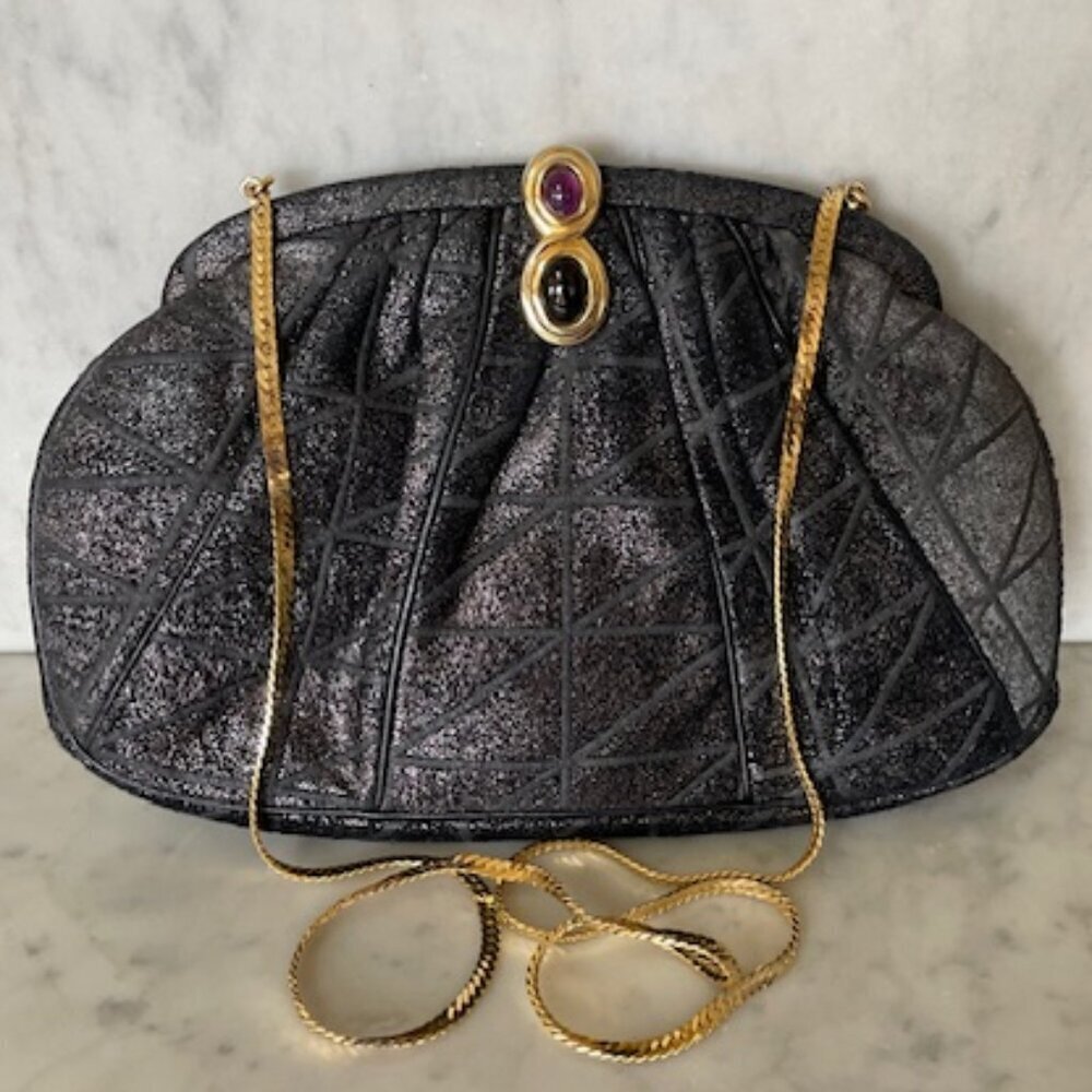 JUDITH LIEBER Vintage Minaudière Black Metallic Suede Gemstone Clasp Purse